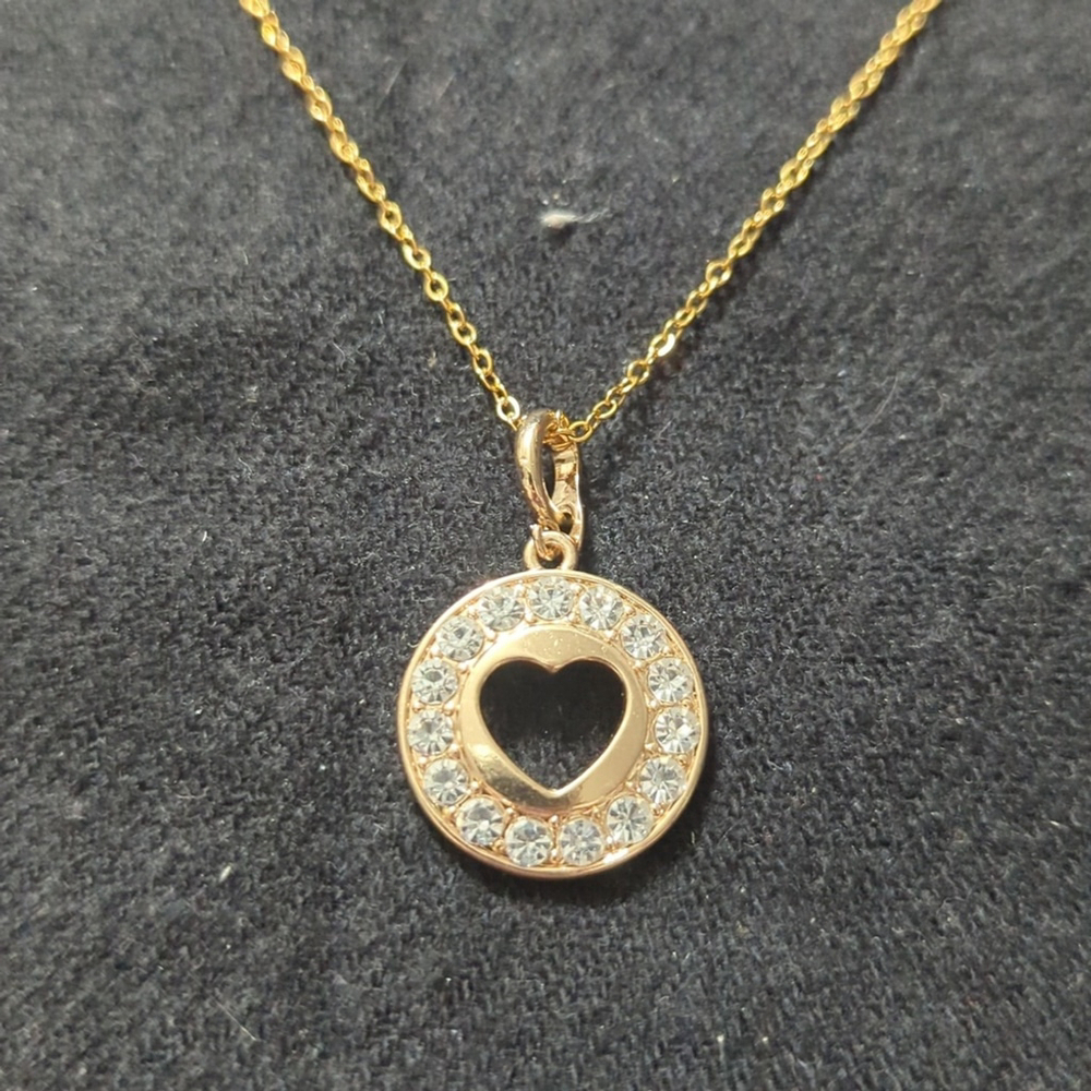 Gold Tone Clear Rhinestone Heart Circle Dainty Pendant Statement Necklace